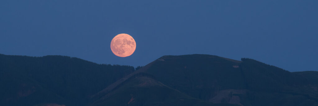 This photo captures the Sturgeon Super Moon at Walville Peak, Washington. After searching for the perfect spot and facing some obstacles, I found the ideal location with a clear view. The moonrise during the blue hour allowed for beautiful details in the landscape. The moon was larger than usual, making it a remarkable sight. The photo showcases the big and bright moon against a blue sky, highlighting the breathtaking view from Walville Peak.